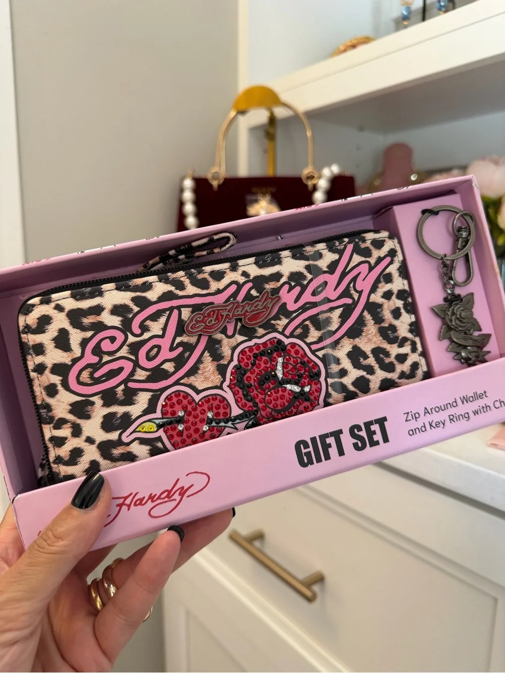 Ed Hardy Pink Leopard Zip-Around Wallet Gift Set with Rose Charm